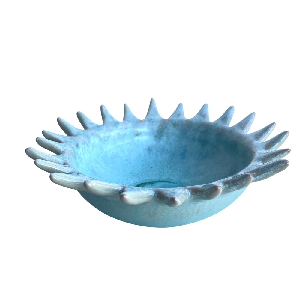 Turquoise Ceramic Sunburst Spiky Decorative Bowl Coastal Artisan Pottery Teal